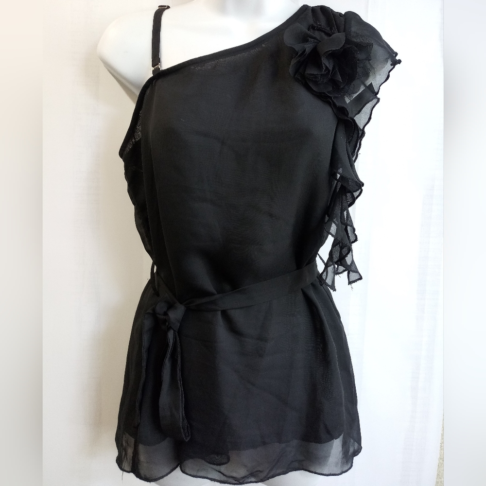 NEW Marysol Black Sheer One Shoulder Top Belted Lined Size S